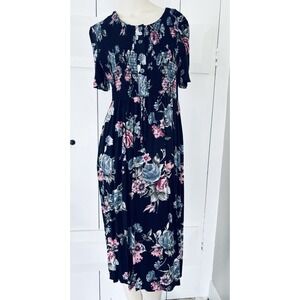 Vintage SL Petites Maxi Dress Short Sleeve Crinkle Rayon Dark Floral Sz 8